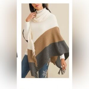Chico’s Cozy Poncho Tri - Color Block Striped Cowl neck in Brown/Grey/Cream O/S